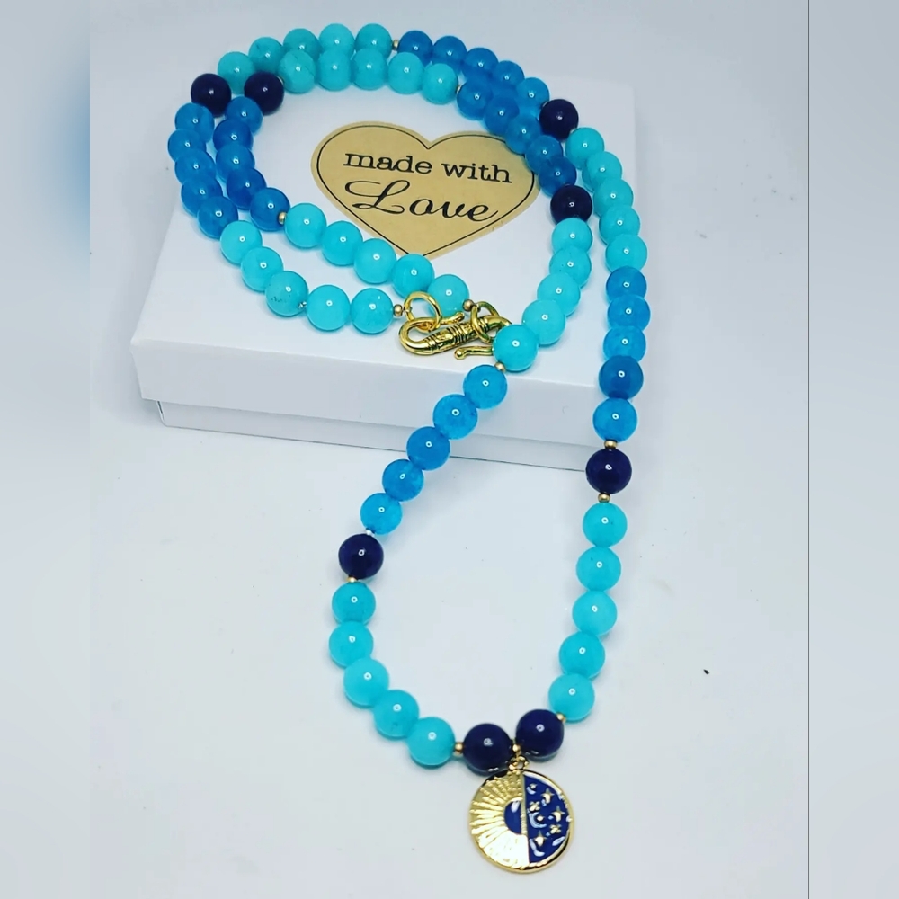 Aquamarine Quartz, Blue Chalcedony charm Sweater Necklace 💙